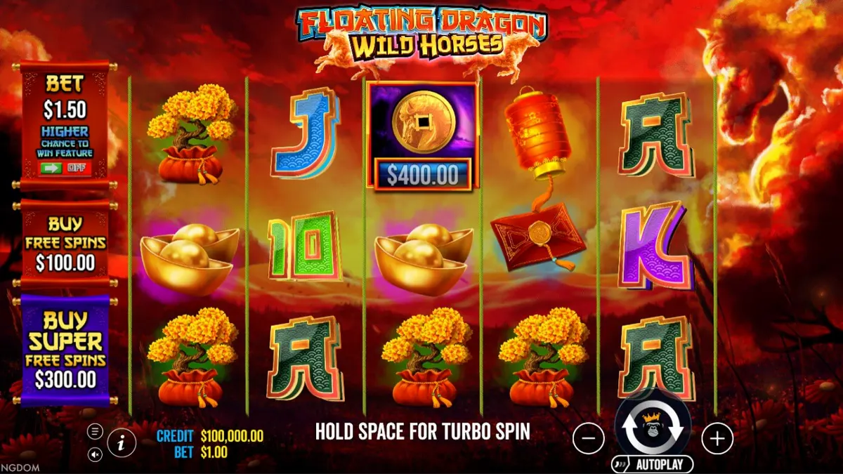 Pemandangan visual slot Floating Dragon Wild Horses dengan nuansa Asia yang kental