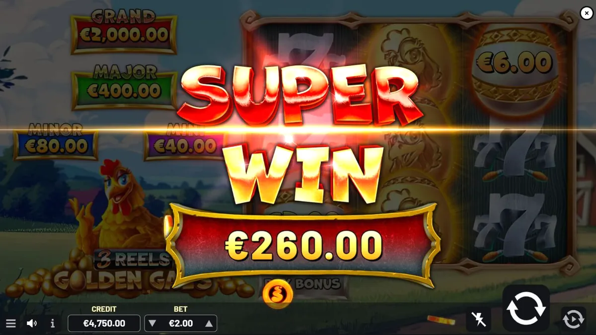 Tampilan visual slot Golden Gal’s 3 Reels dengan tema pertanian yang ceria dan simbol telur emas.