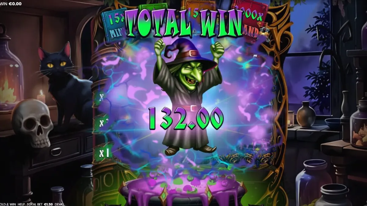 Tampilan visual slot Witches’ Fortune dengan tema kuali ajaib dan simbol penyihir.